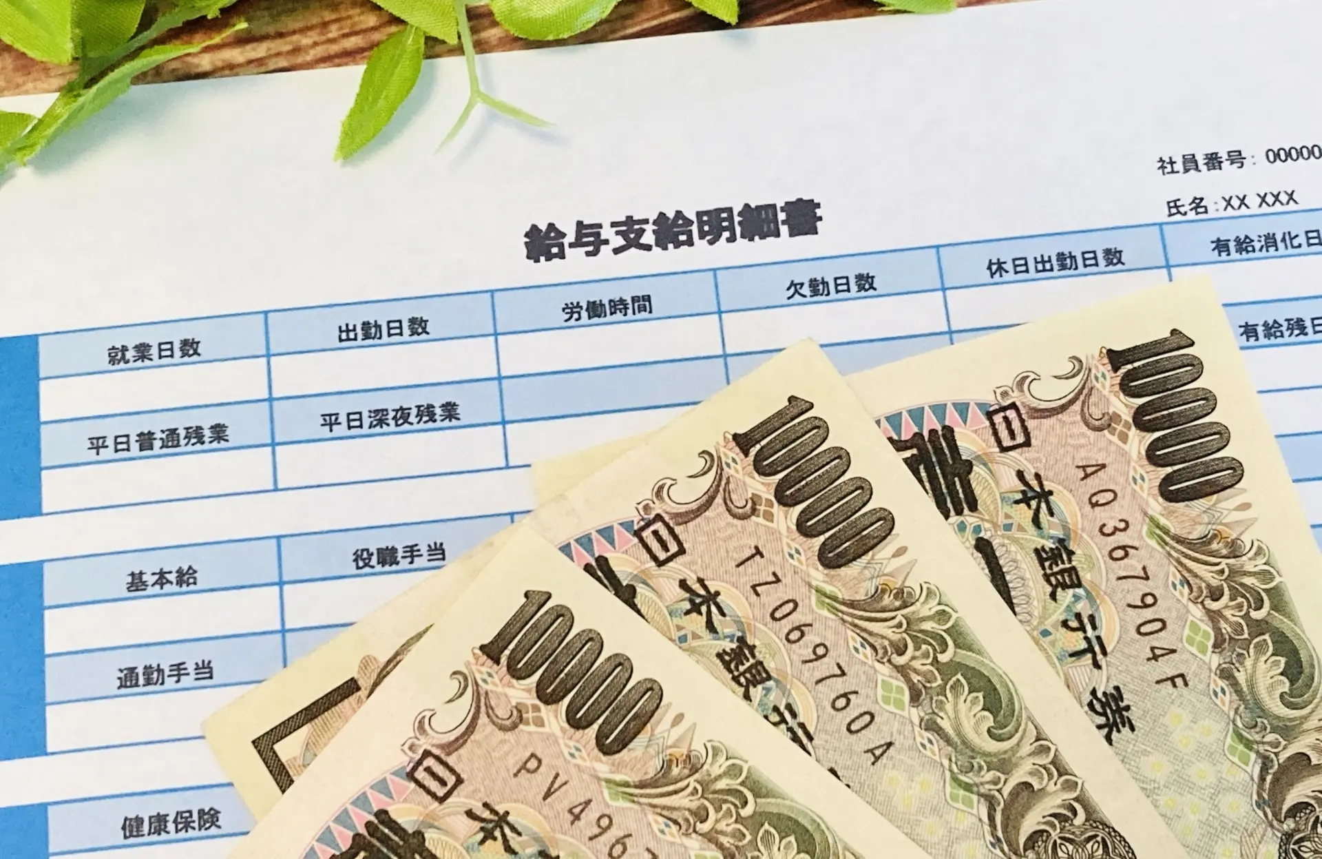 給与明細と紙幣