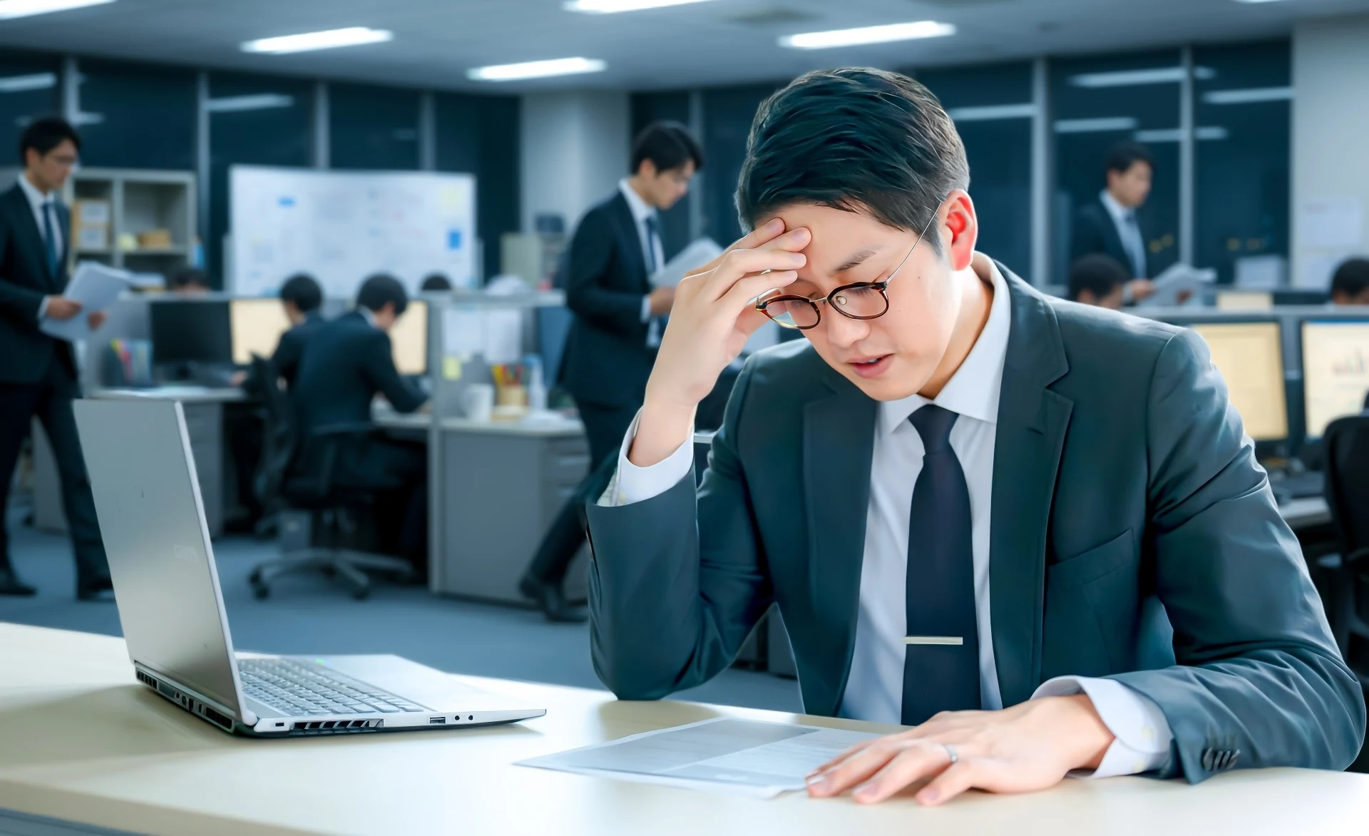 オフィスで額に手を置き悩む男性社員