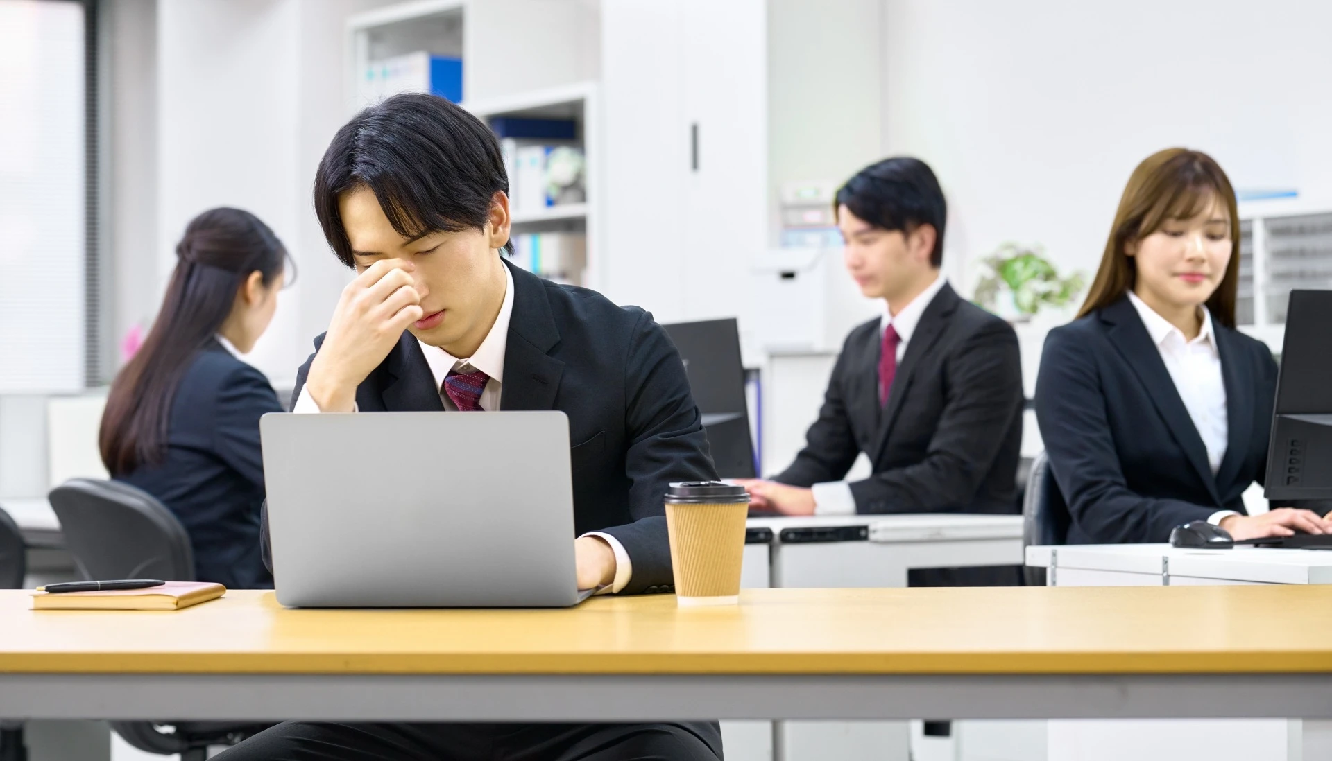 オフィスで目頭を押さえる男性社員