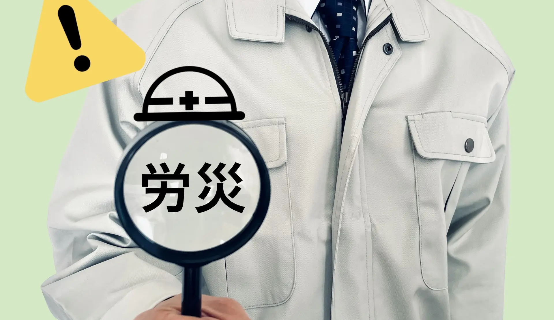 作業着と労災と書かれたマークと虫眼鏡