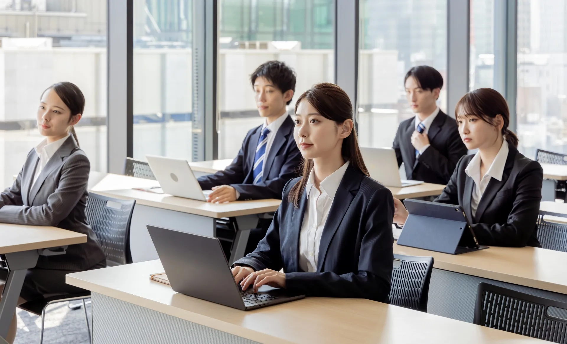 机の上にPCを置いて話を聞いている社員